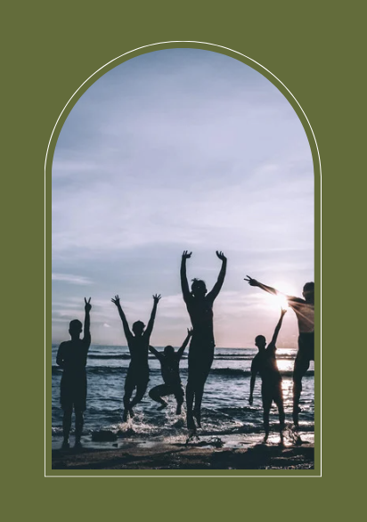 group of people at the beach jumping up with their arms in the air in celebration